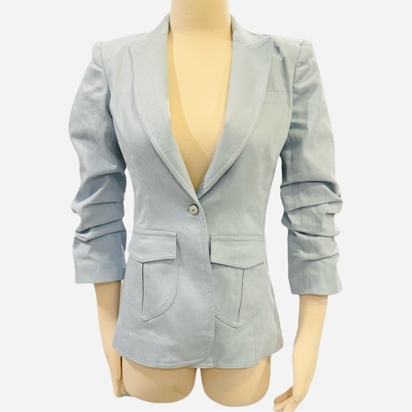 Cinq a Sept Louisa Peak Stretch Fitted Ruched Sleeve Denim Blazer Size 4 NEW - Picture 9 of 11